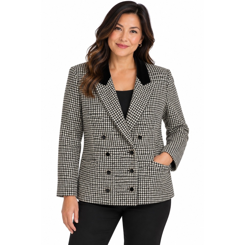 Karen Scott Petites Vintage Houndstooth Blazer Black White Velvet Collar Size 10